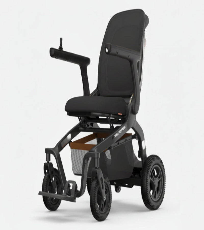 Robooter E40 foldable electric wheelchair in black featuring a modern frame and omni-directional wheels.